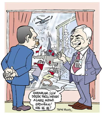 Cartoon: IMF protestors... (medium) by Tufan Selcuk tagged erdogan,imf,demonstration,damage