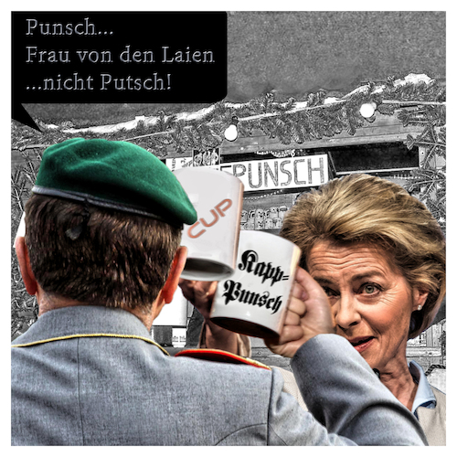 Cartoon: Punsch (medium) by Night Owl tagged ursula,von,der,leyen,bundeswehr,oberstleutnant,offizier,strafanzeige,putsch,punsch,bundesverteidigungsministerin,bundesverteidigungsministerium,lehrgang,truppenübungsplatz,wildflecken,röhn,mad,soldat,militär,armee,kapp,weimar,weimarer,republik