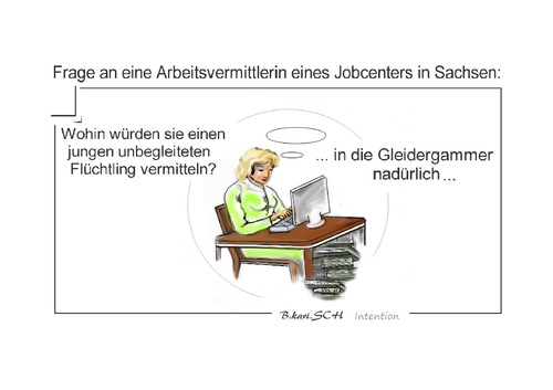 Cartoon: Intention (medium) by BES tagged kommunikation,integration,jugend,arbeitsgelegenheit,missverständnis,jobcenter,flüchtlinge