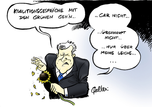 Cartoon: Blümchen (medium) by Paolo Calleri tagged deutschland,bundestagswahl,2013,cdu,csu,ministerpräsident,bayern,horst,seehofer,bündnis,90,die,grünen,koalitionsgespräche,ablehnung,schwarzgrün,karikatur,paolo,calleri,deutschland,bundestagswahl,2013,cdu,csu,ministerpräsident,bayern,horst,seehofer,bündnis,90,die,grünen,koalitionsgespräche,ablehnung,schwarzgrün,karikatur,paolo,calleri