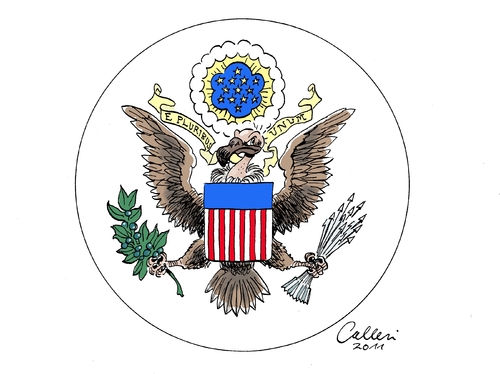 Cartoon: Great Seal (medium) by Paolo Calleri tagged kongress,us,herabstufung,kreditwuerdigkeit,schuldenkrise,schuldenlimit,schuldengrenze,republikaner,demokraten,streit,schuldendeal,haushaltskrise,moodys,poors,and,standard,ratingagenturen,usa,usa,ratingagenturen,standard,haushaltskrise,schuldendeal,demokraten,schuldengrenze,republikaner,herabstufung