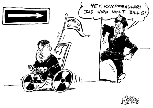 Cartoon: Kampfradler (medium) by Paolo Calleri tagged deutschland,verkehr,verkehrssuender,bussgeld,bussgeldkatalog,2013,april,kampfradler,verwarngelder,strafen,falschparker,fahrrad,fahrradfahrer,nordkorea,kim,jong,un,atombombe,pjoengjang,seoul,provokation,angriff,krieg,konflikt,krise,fernost,asien,usa,karikatur,paolo,calleri