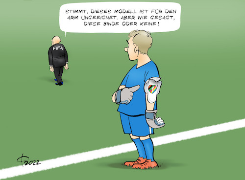 Cartoon: One Love (medium) by Paolo Calleri tagged wm,qatar,fussball,kapitaensbinde,homophobie,rassismus,menschenrechte,karikatur,cartoon,paolo,calleri,wm,qatar,fussball,kapitaensbinde,homophobie,rassismus,menschenrechte,karikatur,cartoon,paolo,calleri