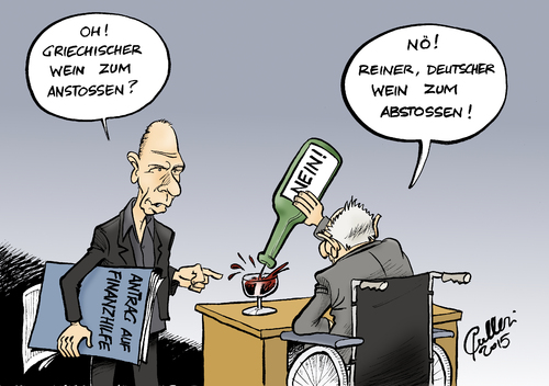 Cartoon: Reiner Wein (medium) by Paolo Calleri tagged eu,griechenland,deutschland,kredithilfen,finanzhilfe,schuldenkrise,grexit,eurozone,euro,waehrung,bundesfinanzminister,wolfgang,schaeuble,finanzminister,yanis,varoufakis,brueckenfinanzierung,karikatur,cartoon,paolo,calleri,eu,griechenland,deutschland,kredithilfen,finanzhilfe,schuldenkrise,grexit,eurozone,euro,waehrung,bundesfinanzminister,wolfgang,schaeuble,finanzminister,yanis,varoufakis,brueckenfinanzierung,karikatur,cartoon,paolo,calleri