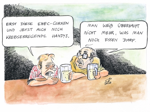 Cartoon: Verunsichert (medium) by Paolo Calleri tagged iarc,krebsforschungsagentur,who,weltgesundheitsorganisation,krebserregend,krebs,handystrahlung,strahlung,handy,mobilfunk,norddeutschland,gurken,ehec