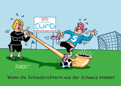Cartoon: Alphornpfiffe (medium) by RABE tagged fußball,em,wm,meisterschaft,schweiz,frauen,frauenfußball,spielerin,rabe,ralf,böhme,cartoon,karikatur,pressezeichnung,farbcartoon,spielplan,paarung,tv,live,uefa,sportschau,pkw,fahne,damenfussball,alphorn,schiedsrichter,schiedsrichterin,schiri,sturz,beinbruch,fußball,em,wm,meisterschaft,schweiz,frauen,frauenfußball,spielerin,rabe,ralf,böhme,cartoon,karikatur,pressezeichnung,farbcartoon,spielplan,paarung,tv,live,uefa,sportschau,pkw,fahne,damenfussball,alphorn,schiedsrichter,schiedsrichterin,schiri,sturz,beinbruch
