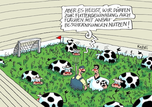 Cartoon: Anbaubeschränkung (medium) by RABE tagged dürre,klimawandel,trockenheit,bauern,viehalter,anbauflächen,felder,anbaubeschränkung,agrarministerin,glöckner,viehhalter,nutzung,futter,futtergewinnung,kühe,herde,rinder,rabe,ralf,böhme,cartoon,karikatur,pressezeichnung,farbcartoon,tagescartoon,fußball,fußballplatz,spielfeld,stadion,fußballer,rasen,dürre,klimawandel,trockenheit,bauern,viehalter,anbauflächen,felder,anbaubeschränkung,agrarministerin,glöckner,viehhalter,nutzung,futter,futtergewinnung,kühe,herde,rinder,rabe,ralf,böhme,cartoon,karikatur,pressezeichnung,farbcartoon,tagescartoon,fußball,fußballplatz,spielfeld,stadion,fußballer,rasen