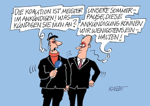 Cartoon: Ankündigungsmeisterschaften (medium) by RABE tagged merz,kanzler,koalition,union,spd,klingbeil,cartoon,karikatur,pressezeichnung,farbcartoon,tagescartoon,db,bahn,frühling,frühjahr,frühjahrsputz,ice,zug,blumenkasten,blumenkästen,esc,songcontest,ankündigung,meister,rot,schwarz,bas,reform,reformpaket,sommerpause,merz,kanzler,koalition,union,spd,klingbeil,cartoon,karikatur,pressezeichnung,farbcartoon,tagescartoon,db,bahn,frühling,frühjahr,frühjahrsputz,ice,zug,blumenkasten,blumenkästen,esc,songcontest,ankündigung,meister,rot,schwarz,bas,reform,reformpaket,sommerpause
