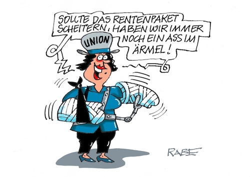 Cartoon: Ass im Ärmel (medium) by RABE tagged merz,union,kanzler,fritze,koalition,spd,klingbeil,bundesregierung,rabe,ralf,böhme,cartoon,karikatur,pressezeichnung,farbcartoon,tagescartoon,trump,putin,krisen,tv,nachrichten,waschmaschine,rente,rentner,rentenpaket,rentenreform,scheitern,stütze,verband,ass,ärmel,ju,gips,gipsarm,merz,union,kanzler,fritze,koalition,spd,klingbeil,bundesregierung,rabe,ralf,böhme,cartoon,karikatur,pressezeichnung,farbcartoon,tagescartoon,trump,putin,krisen,tv,nachrichten,waschmaschine,rente,rentner,rentenpaket,rentenreform,scheitern,stütze,verband,ass,ärmel,ju,gips,gipsarm