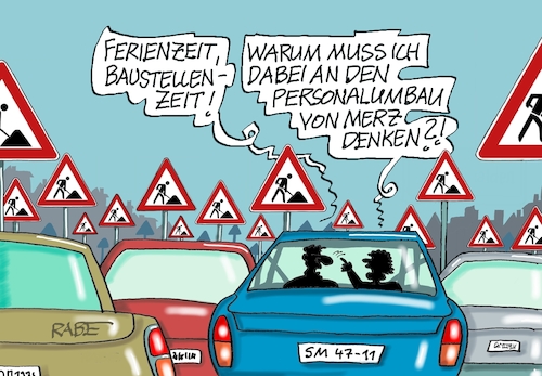 Cartoon: Baustellenzeit (medium) by RABE tagged merz,kanzler,koalition,union,spd,klingbeil,cartoon,karikatur,pressezeichnung,farbcartoon,tagescartoon,db,bahn,frühling,frühjahr,frühjahrsputz,ice,zug,blumenkasten,blumenkästen,esc,songcontest,kabinett,kabinettsumbau,personalumbau,linneman,warken,frei,bilger,verkehr,gesundheit,kanzleramt,verkehrsschilder,ferien,urlaub,ferienzeit,stau,merz,kanzler,koalition,union,spd,klingbeil,cartoon,karikatur,pressezeichnung,farbcartoon,tagescartoon,db,bahn,frühling,frühjahr,frühjahrsputz,ice,zug,blumenkasten,blumenkästen,esc,songcontest,kabinett,kabinettsumbau,personalumbau,linneman,warken,frei,bilger,verkehr,gesundheit,kanzleramt,verkehrsschilder,ferien,urlaub,ferienzeit,stau