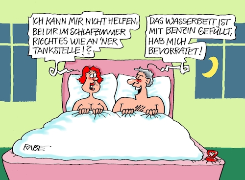 Cartoon: Bevorratung (medium) by RABE tagged merz,kanzler,koalition,union,spd,klingbeil,cartoon,karikatur,pressezeichnung,farbcartoon,tagescartoon,bürokratie,verwaltung,beamte,modernisierung,monster,drachen,schwert,holzschwert,nägel,säge,reiche,kartellamt,benzinpreis,spritpreis,ölpreis,tankstelle,ölreserven,iran,trum,irankrieg,preissprünge,mann,frau,bett,wasserbett,liebe