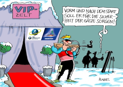 Cartoon: Biathlon WM (medium) by RABE tagged biathlon,wm,oberhof,weltmeisterschaft,wettkämpfe,gewehr,vip,zelt,bodyguard,sicherheit,rabe,ralf,böhme,cartoon,karikatur,pressezeichnung,farbcartoon,tagescartoon,ski,skiarena,skizirkus,start,ziel,punkte,medaillen,schnee,schneechaos,lawinen,biathlon,wm,oberhof,weltmeisterschaft,wettkämpfe,gewehr,vip,zelt,bodyguard,sicherheit,rabe,ralf,böhme,cartoon,karikatur,pressezeichnung,farbcartoon,tagescartoon,ski,skiarena,skizirkus,start,ziel,punkte,medaillen,schnee,schneechaos,lawinen