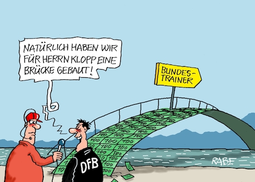 Cartoon: Brückenbauer (medium) by RABE tagged fußball,nagelsmann,spieler,wm,kader,usa,ball,sport,tor,spielfeld,schiedsrichter,videobeweis,rabe,ralf,böhme,cartoon,karikatur,pressezeichnung,farbcartoon,tagescartoon,hund,bundesliga,ballaballa,dfb,bundestrainer,jürgen,klopp,brücke,gold,geldscheine,euros,fußball,nagelsmann,spieler,wm,kader,usa,ball,sport,tor,spielfeld,schiedsrichter,videobeweis,rabe,ralf,böhme,cartoon,karikatur,pressezeichnung,farbcartoon,tagescartoon,hund,bundesliga,ballaballa,dfb,bundestrainer,jürgen,klopp,brücke,gold,geldscheine,euros