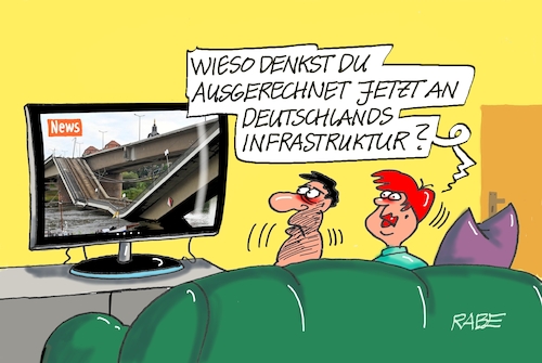 Cartoon: Carolabrücke (medium) by RABE tagged brücke,carola,carolabrücke,dresden,einsturz,unglückinfrastruktur,rabe,ralf,böhme,cartoon,karikatur,tv,ehepaar,bauwerk,brückenpfeiler,brücke,carola,carolabrücke,dresden,einsturz,unglückinfrastruktur,rabe,ralf,böhme,cartoon,karikatur,tv,ehepaar,bauwerk,brückenpfeiler