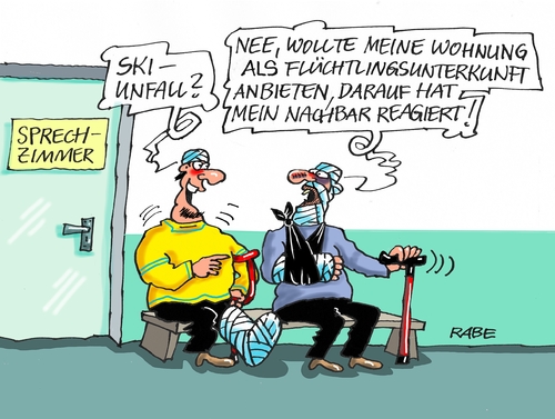 Cartoon: Flüchtlingsunterkunft (medium) by RABE tagged flüchtlinge,flüchtlingsstrom,flüchtlingsunterkunft,asylanten,asylantenheim,grenzkontrollen,registrierung,bamf,rabe,ralf,böhme,cartoon,karikatur,pressezeichnung,farbcartoon,tagescartoon,schlägerei,nachbar,gipsbein,verband,krücken,veilchen,prügelei,arzt,wartezimmer,patienten,flüchtlinge,flüchtlingsstrom,flüchtlingsunterkunft,asylanten,asylantenheim,grenzkontrollen,registrierung,bamf,rabe,ralf,böhme,cartoon,karikatur,pressezeichnung,farbcartoon,tagescartoon,schlägerei,nachbar,gipsbein,verband,krücken,veilchen,prügelei,arzt,wartezimmer,patienten