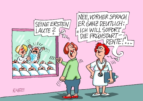 Cartoon: Frühstartrente (medium) by RABE tagged merz,kanzler,koalition,union,spd,klingbeil,cartoon,karikatur,pressezeichnung,farbcartoon,tagescartoon,db,bahn,frühling,frühjahr,frühjahrsputz,ice,zug,blumenkasten,blumenkästen,esc,songcontest,rente,rentenreform,frühstartrente,rentner,sägling,säuglingsstation,entbindungsstation,baby,säugling,merz,kanzler,koalition,union,spd,klingbeil,cartoon,karikatur,pressezeichnung,farbcartoon,tagescartoon,db,bahn,frühling,frühjahr,frühjahrsputz,ice,zug,blumenkasten,blumenkästen,esc,songcontest,rente,rentenreform,frühstartrente,rentner,sägling,säuglingsstation,entbindungsstation,baby,säugling