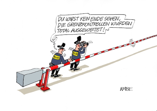 Cartoon: Grenzkontrollen (medium) by RABE tagged merz,groko,spd,union,posten,postenvergabe,rabe,ralf,böhme,cartoon,karikatur,pressezeichnung,farbcartoon,tagescartoon,schaufenster,deko,umbau,laden,ladenhüter,regierungsbildung,grenze,grenzkontrolle,dobrindt,schlagbaum,grenzpolizei,fernglas,merz,groko,spd,union,posten,postenvergabe,rabe,ralf,böhme,cartoon,karikatur,pressezeichnung,farbcartoon,tagescartoon,schaufenster,deko,umbau,laden,ladenhüter,regierungsbildung,grenze,grenzkontrolle,dobrindt,schlagbaum,grenzpolizei,fernglas
