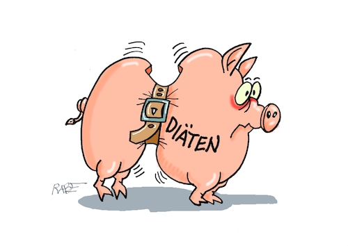 Cartoon: Gürtelschnalle (medium) by RABE tagged merz,kanzler,koalition,union,spd,klingbeil,cartoon,karikatur,pressezeichnung,farbcartoon,tagescartoon,db,bahn,frühling,frühjahr,frühjahrsputz,ice,zug,blumenkasten,blumenkästen,esc,songcontest,diät,diäeten,aussetzung,verzicht,diätenerhöhung,schwein,sparschwein,merz,kanzler,koalition,union,spd,klingbeil,cartoon,karikatur,pressezeichnung,farbcartoon,tagescartoon,db,bahn,frühling,frühjahr,frühjahrsputz,ice,zug,blumenkasten,blumenkästen,esc,songcontest,diät,diäeten,aussetzung,verzicht,diätenerhöhung,schwein,sparschwein