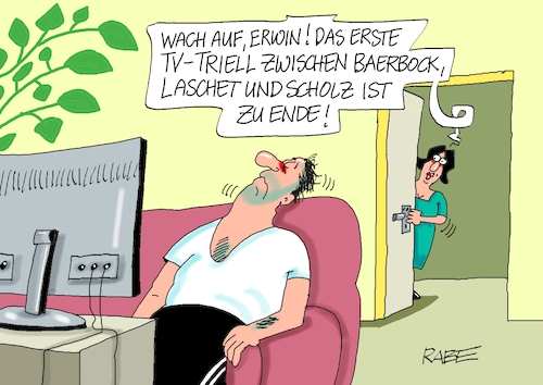 Cartoon: Guten Morgen (medium) by RABE tagged baerbock,annalena,habeck,grüne,laschet,cdu,union,olaf,scholz,spd,kanzlerkandidaten,kanzleramt,wahlkampf,rabe,ralf,böhme,cartoon,karikatur,pressezeichnung,farbcartoon,tagescartoon,bundestagswahl,wähler,tv,duell,triell,umfragewerte,baerbock,annalena,habeck,grüne,laschet,cdu,union,olaf,scholz,spd,kanzlerkandidaten,kanzleramt,wahlkampf,rabe,ralf,böhme,cartoon,karikatur,pressezeichnung,farbcartoon,tagescartoon,bundestagswahl,wähler,tv,duell,triell,umfragewerte