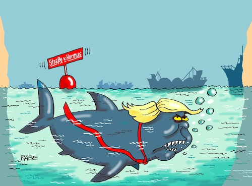 Cartoon: Hai Trump (medium) by RABE tagged trump,präsident,usa,donald,einmarsch,erstürmung,cartoon,karikatur,pressezeichnung,rabe,ralf,böhme,farbcartoon,tagescartoon,venezuela,südamerika,maduro,regimewechsel,weltordnung,kongress,völkerrecht,iran,irankrieg,mullah,straße,von,hormus,blockade,sperre,kriegsschiff,hai,maut,öltanker,hafen,trump,präsident,usa,donald,einmarsch,erstürmung,cartoon,karikatur,pressezeichnung,rabe,ralf,böhme,farbcartoon,tagescartoon,venezuela,südamerika,maduro,regimewechsel,weltordnung,kongress,völkerrecht,iran,irankrieg,mullah,straße,von,hormus,blockade,sperre,kriegsschiff,hai,maut,öltanker,hafen