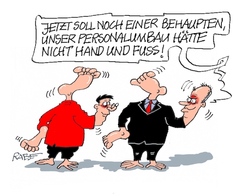 Cartoon: Hand und Fuß (medium) by RABE tagged merz,kanzler,koalition,union,spd,klingbeil,cartoon,karikatur,pressezeichnung,farbcartoon,tagescartoon,db,bahn,frühling,frühjahr,frühjahrsputz,ice,zug,blumenkasten,blumenkästen,esc,songcontest,hand,hände,fuß,füsse,kabinett,kabinettsumbau,personalumbau,reform,minister,ministerposten,merz,kanzler,koalition,union,spd,klingbeil,cartoon,karikatur,pressezeichnung,farbcartoon,tagescartoon,db,bahn,frühling,frühjahr,frühjahrsputz,ice,zug,blumenkasten,blumenkästen,esc,songcontest,hand,hände,fuß,füsse,kabinett,kabinettsumbau,personalumbau,reform,minister,ministerposten