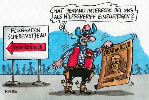 Cartoon: Hilfssheriff (medium) by RABE tagged edward,snowden,flughafen,scheremetjewo,moskau,putin,obama,transitbereich,ausspähprogramm,nsa,prism,geheimdienste,innenminister,friedrich,auslieferung,rabe,ralf,böhme,cartoon,karikatur,pressezeichnung,farbcartoon,sheriff,hilfssheriff,western,cowboy,sheriffstern,plakat,fahndung,dead,alive,wanted,revolver,usa,edward,snowden,flughafen,scheremetjewo,moskau,putin,obama,transitbereich,ausspähprogramm,nsa,prism,geheimdienste,innenminister,friedrich,auslieferung,rabe,ralf,böhme,cartoon,karikatur,pressezeichnung,farbcartoon,sheriff,hilfssheriff,western,cowboy,sheriffstern,plakat,fahndung,dead,alive,wanted,revolver,usa