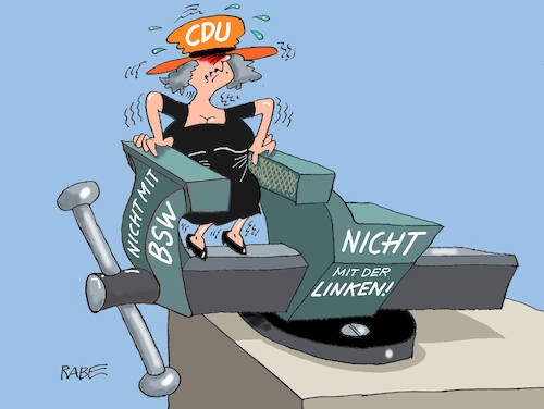 Cartoon: Im Schraubstock (medium) by RABE tagged landtagswahl,thüringen,septemper,cdu,afd,mario,voigt,bernd,höcke,tv,duell,fernsehduell,rabe,ralf,böhme,cartoon,karikatur,pressezeichnung,farbcartoon,tagescartoon,sachsen,wechselwähler,schraubstock,zwickmühle,brandmauer,merz,regierungsbildung,landtagswahl,thüringen,septemper,cdu,afd,mario,voigt,bernd,höcke,tv,duell,fernsehduell,rabe,ralf,böhme,cartoon,karikatur,pressezeichnung,farbcartoon,tagescartoon,sachsen,wechselwähler,schraubstock,zwickmühle,brandmauer,merz,regierungsbildung