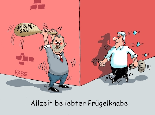 Cartoon: Immer beliebter (medium) by RABE tagged merz,union,kanzler,fritze,koalition,spd,klingbeil,bundesregierung,rabe,ralf,böhme,cartoon,karikatur,pressezeichnung,farbcartoon,tagescartoon,trump,putin,krisen,tv,nachrichten,lars,finanzminister,schulden,finanzlücke,haushalt,beschluss,bundeskabinett,ecke,keule,eckenwitz,michel,prügel,prügelknabe,merz,union,kanzler,fritze,koalition,spd,klingbeil,bundesregierung,rabe,ralf,böhme,cartoon,karikatur,pressezeichnung,farbcartoon,tagescartoon,trump,putin,krisen,tv,nachrichten,lars,finanzminister,schulden,finanzlücke,haushalt,beschluss,bundeskabinett,ecke,keule,eckenwitz,michel,prügel,prügelknabe