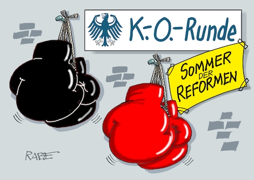 Cartoon: K O Runde (medium) by RABE tagged merz,kanzler,koalition,union,spd,klingbeil,cartoon,karikatur,pressezeichnung,farbcartoon,tagescartoon,db,bahn,frühling,frühjahr,frühjahrsputz,ice,zug,blumenkasten,blumenkästen,esc,songcontest,ko,runde,sommer,reformen,einkommenssteuer,pflege,pflegereform,rente,rentenreform,nagel,boxhandschuh,hitze,merz,kanzler,koalition,union,spd,klingbeil,cartoon,karikatur,pressezeichnung,farbcartoon,tagescartoon,db,bahn,frühling,frühjahr,frühjahrsputz,ice,zug,blumenkasten,blumenkästen,esc,songcontest,ko,runde,sommer,reformen,einkommenssteuer,pflege,pflegereform,rente,rentenreform,nagel,boxhandschuh,hitze