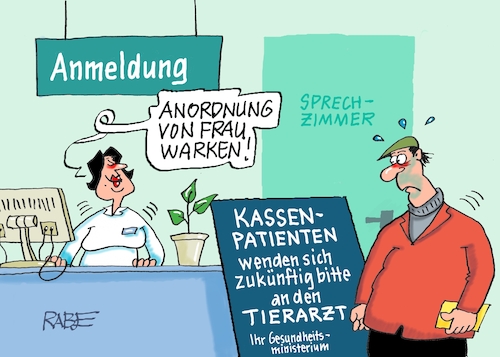 Cartoon: Kassenpatienten (medium) by RABE tagged merz,kanzler,koalition,union,spd,klingbeil,cartoon,karikatur,pressezeichnung,farbcartoon,tagescartoon,db,bahn,frühling,frühjahr,frühjahrsputz,ice,zug,blumenkasten,blumenkästen,warken,gesundheitsministerin,krankenhausreform,krankenkasse,patient,arzt,wartezimmer,tierarzt,kassenpatient,privatpatient,rezeption,anmeldung,merz,kanzler,koalition,union,spd,klingbeil,cartoon,karikatur,pressezeichnung,farbcartoon,tagescartoon,db,bahn,frühling,frühjahr,frühjahrsputz,ice,zug,blumenkasten,blumenkästen,warken,gesundheitsministerin,krankenhausreform,krankenkasse,patient,arzt,wartezimmer,tierarzt,kassenpatient,privatpatient,rezeption,anmeldung