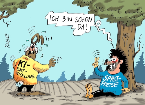 Cartoon: KI Hase (medium) by RABE tagged merz,kanzler,koalition,union,spd,klingbeil,cartoon,karikatur,pressezeichnung,farbcartoon,tagescartoon,db,bahn,frühling,frühjahr,frühjahrsputz,ice,zug,blumenkasten,blumenkästen,esc,songcontest,spritpreise,benzinpreise,benzinpreisdeckel,deckel,ki,chatgpt,gemini,rechner,roboter,hase,igel,wettlauf,märchen,gebrüder,grimm,preissteigerung,autofahrer,abzocke,mineralölkonzern,merz,kanzler,koalition,union,spd,klingbeil,cartoon,karikatur,pressezeichnung,farbcartoon,tagescartoon,db,bahn,frühling,frühjahr,frühjahrsputz,ice,zug,blumenkasten,blumenkästen,esc,songcontest,spritpreise,benzinpreise,benzinpreisdeckel,deckel,ki,chatgpt,gemini,rechner,roboter,hase,igel,wettlauf,märchen,gebrüder,grimm,preissteigerung,autofahrer,abzocke,mineralölkonzern