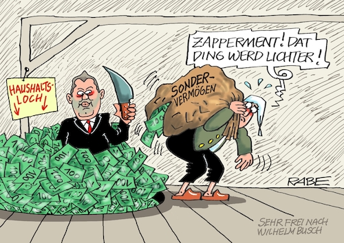 Cartoon: Klingbeil der Schlitzer (medium) by RABE tagged merz,kanzler,koalition,union,spd,klingbeil,cartoon,karikatur,pressezeichnung,farbcartoon,tagescartoon,bürokratie,verwaltung,beamte,modernisierung,monster,drachen,schwert,holzschwert,nägel,säge,finanzminister,haushaltsloöcher,sondervermögen,schuldenpaket,staatsschulden,milliarden,trickser,illusionist,schuldentopf,wilhelm,busch,max,moritz,bauer,mecke,maltersäcke,merz,kanzler,koalition,union,spd,klingbeil,cartoon,karikatur,pressezeichnung,farbcartoon,tagescartoon,bürokratie,verwaltung,beamte,modernisierung,monster,drachen,schwert,holzschwert,nägel,säge,finanzminister,haushaltsloöcher,sondervermögen,schuldenpaket,staatsschulden,milliarden,trickser,illusionist,schuldentopf,wilhelm,busch,max,moritz,bauer,mecke,maltersäcke