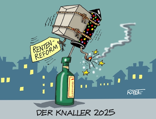 Cartoon: Knaller des Jahres (medium) by RABE tagged merz,kanzler,koalition,union,spd,klingbeil,cartoon,karikatur,pressezeichnung,farbcartoon,tagescartoon,weihnachten,silvester,neujahr,silvesternacht,feuerwerk,böller,stabrakete,flasche,rente,rentenreform,rentenpaket,knaller,merz,kanzler,koalition,union,spd,klingbeil,cartoon,karikatur,pressezeichnung,farbcartoon,tagescartoon,weihnachten,silvester,neujahr,silvesternacht,feuerwerk,böller,stabrakete,flasche,rente,rentenreform,rentenpaket,knaller