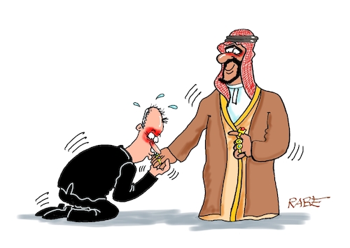 Cartoon: Küss die Hand (medium) by RABE tagged merz,kanzler,koalition,union,spd,klingbeil,cartoon,karikatur,pressezeichnung,farbcartoon,tagescartoon,bürokratie,verwaltung,beamte,modernisierung,monster,drachen,schwert,holzschwert,nägel,säge,reise,golfstaaten,katar,golfregion,saudis,scheich,handkuss,wirtschaftsverträge,waffenlieferung,menschenrechte,rohstoffe,erdöl,erdgas,kniefall,merz,kanzler,koalition,union,spd,klingbeil,cartoon,karikatur,pressezeichnung,farbcartoon,tagescartoon,bürokratie,verwaltung,beamte,modernisierung,monster,drachen,schwert,holzschwert,nägel,säge,reise,golfstaaten,katar,golfregion,saudis,scheich,handkuss,wirtschaftsverträge,waffenlieferung,menschenrechte,rohstoffe,erdöl,erdgas,kniefall