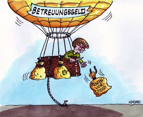 Cartoon: Luftnummer (medium) by RABE tagged gondel,korb,ballastabwurf,sandsack,sack,fesselballon,ballon,kompromiss,rentenvorstoss,rente,elterngeld,herdprämie,herd,euro,kinder,vater,mutter,eltern,erzieherinnen,kindergarten,kita,betreuungsgeld,betreuung,dilemma,koalitionsabsprachen,bundesregierung,schwarzgelb,koalition,cdu,kanzlerin,merkel,ballast,ballast,merkel,kanzlerin,betreuungsgeld