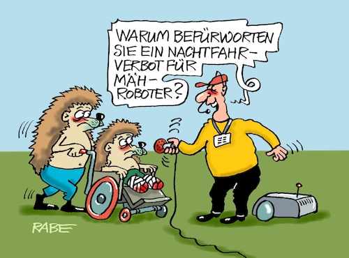 Cartoon: Mähroboter (medium) by RABE tagged klimawandel,hitze,hitzewelle,trockenheit,temperaturanstieg,rabe,ralf,böhme,cartoon,karikatur,pressezeichnung,farbcartoon,tagescartoon,servic,telefon,servicetelefon,dwd,hochstufung,igel,tiere,rasen,wiese,roboter,mähroboter,rollstuhl,verband,verletzung,reporter,interview,verbot,nachtmähverbot,klimawandel,hitze,hitzewelle,trockenheit,temperaturanstieg,rabe,ralf,böhme,cartoon,karikatur,pressezeichnung,farbcartoon,tagescartoon,servic,telefon,servicetelefon,dwd,hochstufung,igel,tiere,rasen,wiese,roboter,mähroboter,rollstuhl,verband,verletzung,reporter,interview,verbot,nachtmähverbot