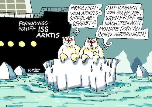 Cartoon: Merz forscht (medium) by RABE tagged merz,kanzler,koalition,union,spd,klingbeil,cartoon,karikatur,pressezeichnung,farbcartoon,tagescartoon,db,bahn,frühling,frühjahr,frühjahrsputz,ice,zug,blumenkasten,blumenkästen,esc,songcontest,arktisgipfel,finnland,forschungsschiff,iss,arktis,bord,umfragetief,absturz,unbeliebtheit,landtagswahl,mecklenburg,vorpommern,wahl,abstrafung,eisbär,meer,eisscholle,merz,kanzler,koalition,union,spd,klingbeil,cartoon,karikatur,pressezeichnung,farbcartoon,tagescartoon,db,bahn,frühling,frühjahr,frühjahrsputz,ice,zug,blumenkasten,blumenkästen,esc,songcontest,arktisgipfel,finnland,forschungsschiff,iss,arktis,bord,umfragetief,absturz,unbeliebtheit,landtagswahl,mecklenburg,vorpommern,wahl,abstrafung,eisbär,meer,eisscholle