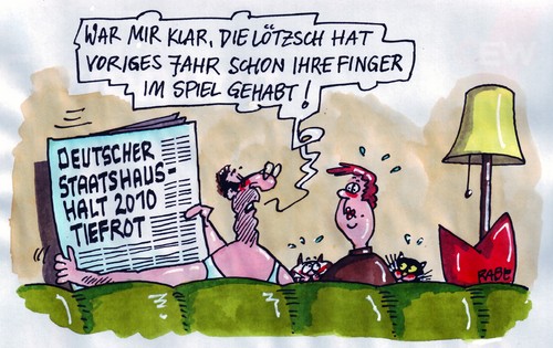 Cartoon: Neuverschuldung (medium) by RABE tagged staatshaushalt,haushaltsloch,krise,euro,neuverschuldung,schulden,lötzsch,pds,linke,kommunismus,rote,spiel,zeitung,ehepaar,mann,frau,katzen,stehlampe,couch,milliardenloch,bilanz,wirtschaftsaufsschwung,zahlen,staatshaushalt,haushaltsloch,krise,euro,neuverschuldung,schulden,lötzsch,linke,kommunismus,zeitung,bilanz,wirtschaftsaufsschwung,zahlen