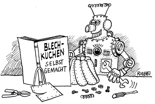 Cartoon: Nur Blech ! (medium) by RABE tagged buchmesse,frankfurt,blech,blechkuchen,kochbücher,backbücher,messestand,buch,roboter,blechkollege,kuchenform,backform,schrauben,metall,buchmesse,frankfurt,blech,blechkuchen,kochbücher,backbücher,messestand,buch,roboter,blechkollege,kuchenform,backform,schrauben,metall