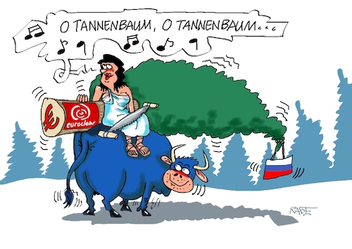 Cartoon: O Tannenbaum (medium) by RABE tagged merz,kanzler,union,koalition,schwarz,rot,eu,europa,europakanzler,brüssel,haushalt,rente,spd,csu,cartoon,karikatur,pressezeichnung,farbcartoon,tagescartoon,russland,putin,gelder,euroclear,belgien,beschlagnahme,stier,säge,wald,baum,tannenbaum,weihnachten,weihnachtslied,merz,kanzler,union,koalition,schwarz,rot,eu,europa,europakanzler,brüssel,haushalt,rente,spd,csu,cartoon,karikatur,pressezeichnung,farbcartoon,tagescartoon,russland,putin,gelder,euroclear,belgien,beschlagnahme,stier,säge,wald,baum,tannenbaum,weihnachten,weihnachtslied