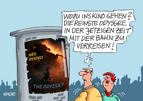 Cartoon: Odyssee (medium) by RABE tagged merz,kanzler,koalition,union,spd,klingbeil,cartoon,karikatur,pressezeichnung,farbcartoon,tagescartoon,db,bahn,frühling,frühjahr,frühjahrsputz,ice,zug,blumenkasten,blumenkästen,esc,songcontest,palla,bahnsanierung,sanierungskonzept,verspätung,umleitung,zugausfall,schienenersatzverkehr,verkehr,reisende,kino,hollywood,blockbuster,odyssee,kultur,film,merz,kanzler,koalition,union,spd,klingbeil,cartoon,karikatur,pressezeichnung,farbcartoon,tagescartoon,db,bahn,frühling,frühjahr,frühjahrsputz,ice,zug,blumenkasten,blumenkästen,esc,songcontest,palla,bahnsanierung,sanierungskonzept,verspätung,umleitung,zugausfall,schienenersatzverkehr,verkehr,reisende,kino,hollywood,blockbuster,odyssee,kultur,film