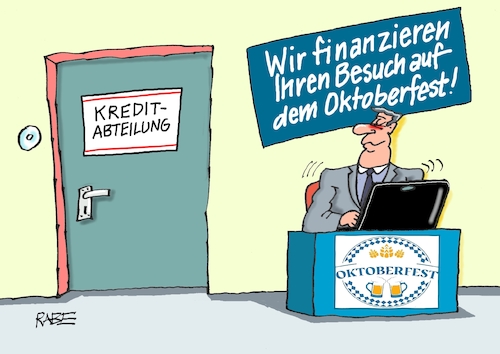 Cartoon: Oktoberfestkosten (medium) by RABE tagged oktober,oktoberfest,münchen,bayern,wiesen,rabe,ralf,böhme,cartoon,karikatur,pressezeichnung,farbcartoon,tagescartoon,maaß,rummelplatz,theresienwiese,händel,weißwurst,brezel,riesenrad,gaudi,kosten,teuerung,kredit,kreditabteilung,finanzierung,kreditberatung,bank,sparkasse,oktober,oktoberfest,münchen,bayern,wiesen,rabe,ralf,böhme,cartoon,karikatur,pressezeichnung,farbcartoon,tagescartoon,maaß,rummelplatz,theresienwiese,händel,weißwurst,brezel,riesenrad,gaudi,kosten,teuerung,kredit,kreditabteilung,finanzierung,kreditberatung,bank,sparkasse