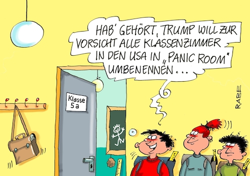 Cartoon: Panic Room (medium) by RABE tagged donald,trump,usa,us,president,washington,botschaften,länder,hauptstädte,rabe,ralf,böhme,cartoon,karikatur,pressezeichnung,farbcartoon,tagescartoon,schulmassaker,florida,schüler,sturmgewehr,massnahmen,schußwaffen,waffenlobby,waffennarren,senat,beschluß,demo,bewaffnunf,klassenzimmer,panic,room,panicroom,donald,trump,usa,us,president,washington,botschaften,länder,hauptstädte,rabe,ralf,böhme,cartoon,karikatur,pressezeichnung,farbcartoon,tagescartoon,schulmassaker,florida,schüler,sturmgewehr,massnahmen,schußwaffen,waffenlobby,waffennarren,senat,beschluß,demo,bewaffnunf,klassenzimmer,panic,room,panicroom