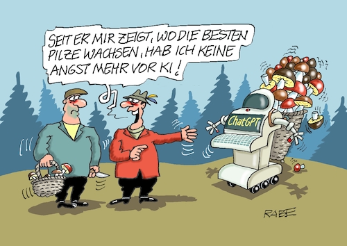 Cartoon: Pilze mit KI (medium) by RABE tagged merz,kanzler,koalition,union,spd,klingbeil,cartoon,karikatur,pressezeichnung,farbcartoon,tagescartoon,db,bahn,frühling,frühjahr,frühjahrsputz,ice,zug,blumenkasten,blumenkästen,esc,songcontest,ki,chatgpt,roboter,rechner,it,internet,intelligenz,humanoid,wald,pilze,pilzsucher,steinpilz,technik,fortschritt,wissenschaft,merz,kanzler,koalition,union,spd,klingbeil,cartoon,karikatur,pressezeichnung,farbcartoon,tagescartoon,db,bahn,frühling,frühjahr,frühjahrsputz,ice,zug,blumenkasten,blumenkästen,esc,songcontest,ki,chatgpt,roboter,rechner,it,internet,intelligenz,humanoid,wald,pilze,pilzsucher,steinpilz,technik,fortschritt,wissenschaft