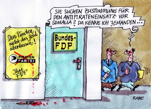 Cartoon: Pirateneinsatz (medium) by RABE tagged fdp,bundesregierung,koalition,schwarzgelb,liberale,landtagswahl,niederlage,wahlniederlage,umfrage,umfragetief,bundesliberale,kanzlerin,merkel,cdu,rösler,bahr,westerwelle,brüderle,genscher,zustimmung,piraten,piratenpartei,bundestag,antipirateneinsatz,küste,somalia,flugzeugträger,afrika,küstenstreifen,kriegsschiffe,bundeswehr,soldaten,spezialeinheit,feld,kampffeld,piratenschiff,kanonenboot,fdp,bundesregierung,liberale,landtagswahl,niederlage