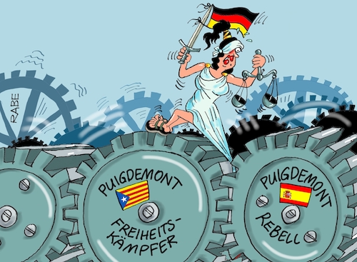 Cartoon: Puigdemont (medium) by RABE tagged katalanen,unabhängigkeit,spanien,madrid,putsch,barcelona,puigdemont,rabe,ralf,böhme,cartoon,karikatur,pressezeichnung,farbcartoon,tagescartoon,daumenschrauben,unabhängigkeitserklärung,eu,deutschland,festnahme,rebell,freiheitskämpfer,flensburg,gericht,justiz,justizia,räder,räderwerk,gefängnis,katalanen,unabhängigkeit,spanien,madrid,putsch,barcelona,puigdemont,rabe,ralf,böhme,cartoon,karikatur,pressezeichnung,farbcartoon,tagescartoon,daumenschrauben,unabhängigkeitserklärung,eu,deutschland,festnahme,rebell,freiheitskämpfer,flensburg,gericht,justiz,justizia,räder,räderwerk,gefängnis