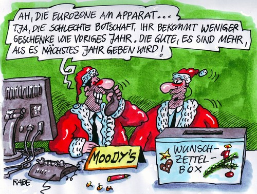 Cartoon: Ratingweihnacht (medium) by RABE tagged moodys,rating,ratingagentur,herabstufung,kredit,euro,eurozone,eu,eurokrise,schuldenkrise,griechenland,deutschland,merkel,frankreich,sarkozy,börse,aktien,finanzchefs,weihnachten,weihnachtsfest,weihnachtsmänner,rauschebart,bescherung,geschenke,wunschzettel,zettelbox,tannenbaum,computer,rechner,internet,telefon,moodys,rating,ratingagentur,eurozone,eurokrise,schuldenkrise,griechenland