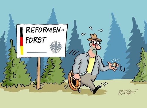 Cartoon: Reformen (medium) by RABE tagged merz,kanzler,koalition,union,spd,klingbeil,cartoon,karikatur,pressezeichnung,farbcartoon,tagescartoon,db,bahn,frühling,frühjahr,frühjahrsputz,ice,zug,blumenkasten,blumenkästen,esc,songcontest,pilze,wald,reformenforst,forst,reform,reformpaket,rentenreform,gesundheitsreform,merz,kanzler,koalition,union,spd,klingbeil,cartoon,karikatur,pressezeichnung,farbcartoon,tagescartoon,db,bahn,frühling,frühjahr,frühjahrsputz,ice,zug,blumenkasten,blumenkästen,esc,songcontest,pilze,wald,reformenforst,forst,reform,reformpaket,rentenreform,gesundheitsreform