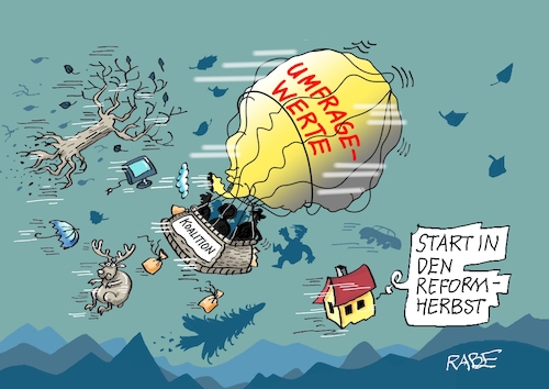 Cartoon: Reformherbst (medium) by RABE tagged merz,kanzler,koalition,union,spd,klingbeil,cartoon,karikatur,pressezeichnung,farbcartoon,tagescartoon,db,bahn,frühling,frühjahr,frühjahrsputz,ice,zug,blumenkasten,blumenkästen,esc,songcontest,reformen,reformkurs,reformherbst,herbst,start,sturm,klausur,klausurtagung,ballon,gasballon,fesselballon,merz,kanzler,koalition,union,spd,klingbeil,cartoon,karikatur,pressezeichnung,farbcartoon,tagescartoon,db,bahn,frühling,frühjahr,frühjahrsputz,ice,zug,blumenkasten,blumenkästen,esc,songcontest,reformen,reformkurs,reformherbst,herbst,start,sturm,klausur,klausurtagung,ballon,gasballon,fesselballon