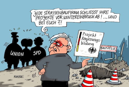 Cartoon: Regierungsbaustelle (medium) by RABE tagged schmidt,agrarminister,cdu,alleingang,merkel,rabe,ralf,böhme,cartoon,karikatur,pressezeichnung,farbcartoon,tagescartoon,glyphosat,steinmeier,spd,bundespräsident,sondierungsrunde,union,bellevue,groko,neuwahlen,jamaika,absprachen,baustelle,bauarbeiten,straßenbau,straßenbaufirma,wintereinbruch,schmidt,agrarminister,cdu,alleingang,merkel,rabe,ralf,böhme,cartoon,karikatur,pressezeichnung,farbcartoon,tagescartoon,glyphosat,steinmeier,spd,bundespräsident,sondierungsrunde,union,bellevue,groko,neuwahlen,jamaika,absprachen,baustelle,bauarbeiten,straßenbau,straßenbaufirma,wintereinbruch